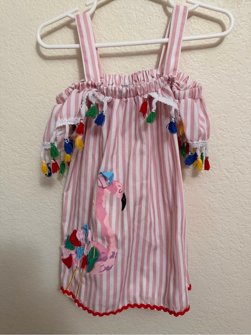 Girls Pink Striped Flamingo Tassel Tank Dress